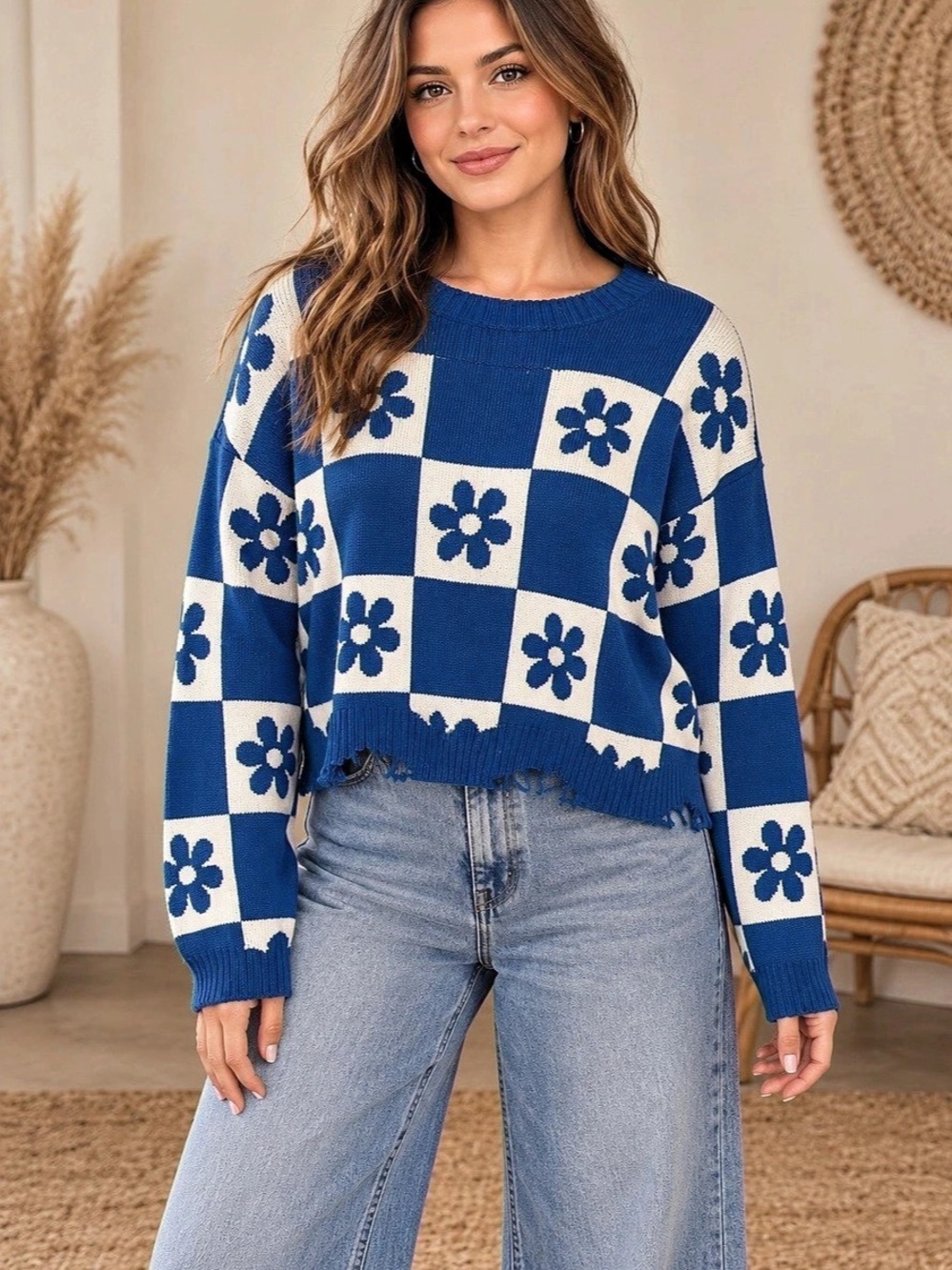 POL Blue Checkered Distressed Daisy Sweater (090909) 🌼 ☀️
